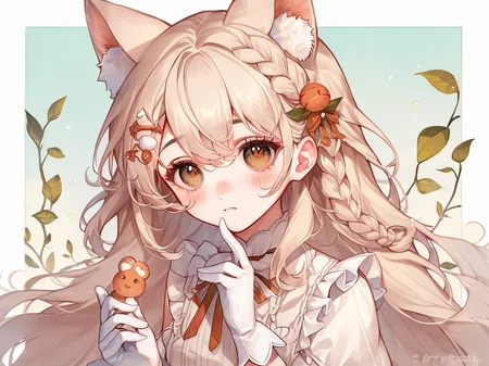 score_9, score_8_up, score_7_up, score_6_up, score_5_up, score_4_up,
<lora:cute_style_pony_v2:0.6>,CuteStyle,cuteeyes,
1girl, animal ears, solo, braid, sample watermark, hair ornament, long hair, holding, gloves, white gloves, blush, looking at viewer