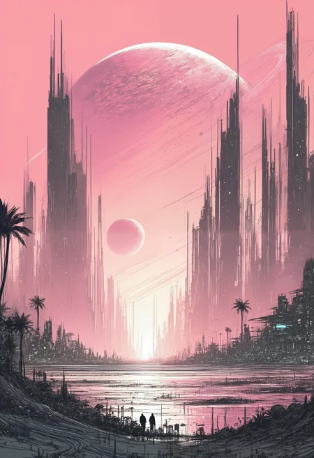 rough sketch, messy lineart, monochromatic, flat color, skyline, overgrown sci-fi city, flooded, gigantic buildings, beach, tropical, pink sunset, planet with rings, starry sky