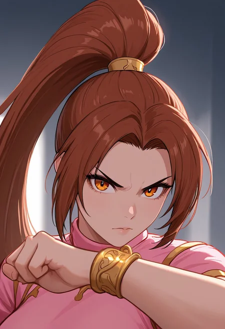 Masterpiece,  best quality , high quality,Masterpiece,   footee, solo, long ahir, 1girl, pink bodysuit, ponytail, gold belts, , puffy sleeves, leotard, pink leotard, gold bracelet, gold anklet, high ponytail, fighting stance, (looking at viewer, front view), (portrait,  face:1.4)