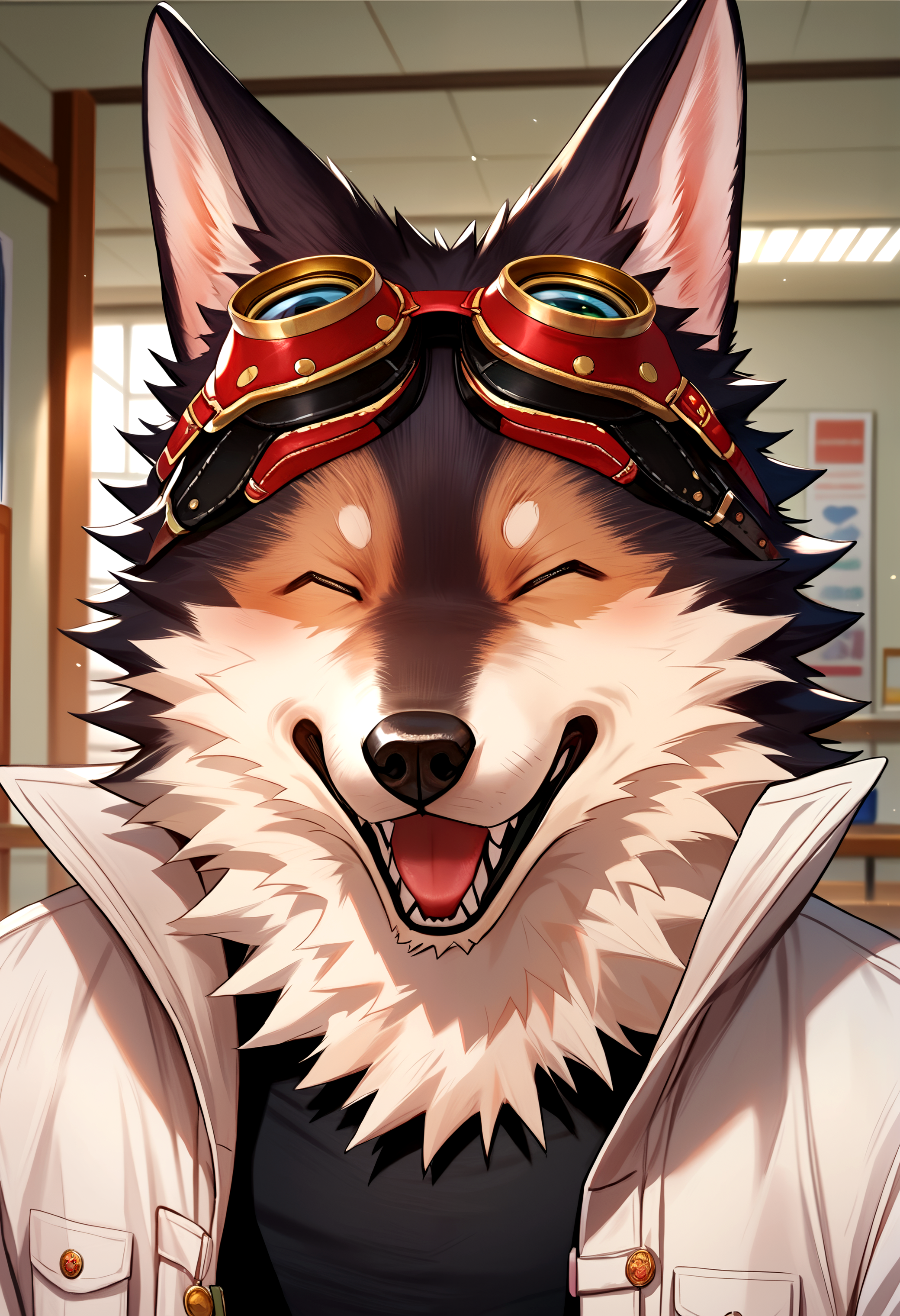 score_9, score_8_up, score_7_up, 8k, detailed design, detailed background, detailed characters, masterpiece, anthro only, furry only, 1boy, solo,  <lora:Yoki-000002>,yoki, yoki_kurogane, black shirt, goggles on head, open shirt, goggles, dog boy,  black fur, dog ears, side view, close up,  inside, building,