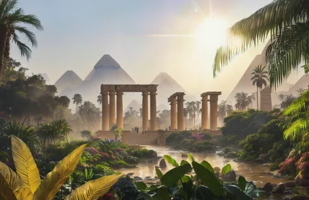 Style-Hamunaptra, epic mountain and river Nile background, award winning portrait photo, dense jungle in background, ((Egyptian Temple)), large jungle bush in foreground, sunny, jungle plants in background, (backlighting:1.2), bloom, (light sparkles:1.2), chromatic aberration, (lens flare:1.2), sharp focus,jungle plants in background, (backlighting:1.2), bloom, chromatic aberration, (lens flare:1.2), sharp focus, majestic oil painting by Ed Blinkey, Atey Ghailan, Studio Ghibli, by Jeremy Mann, Greg Manchess, Antonio Moro, trending on ArtStation, trending on CGSociety, Intricate, High Detail, Sharp focus, dramatic, photorealistic painting art by midjourney and greg rutkowski