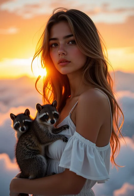high resolution digital photo of upper body view of a stunningly beautiful 25 yr old female angel supermodel, perky small caramel breasts, caramel skin, , standing on a cloud ,  ultra sharp focus, beautiful sunset in background, holding a dark grey squirrel in one arm and a racoon in the other,