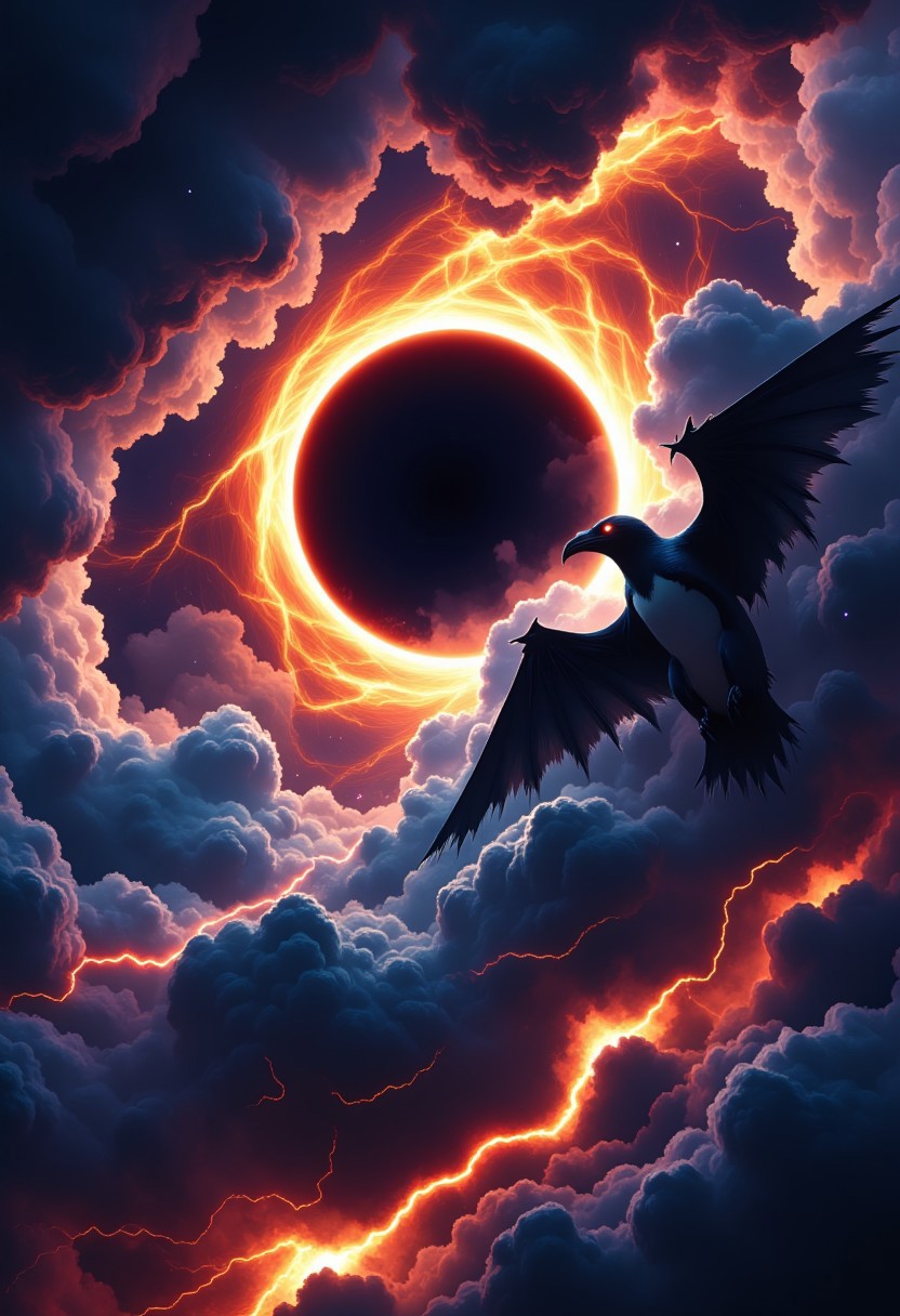 Side view of a digital artwork depicting two diabolical penguins soaring through the turbulent skies during a dramatic solar eclipse. The penguins are large and menacing, with sleek black and white feathers that gleam under the eerie light of the eclipse. Their eyes glow a fiery red, and their beaks are sharp, gleaming like steel. They are winged, with dark, spiky wings resembling those of a bat or a demon, crackling with an eerie energy that sparks with electric blue and red. The backdrop is a chaotic storm in the sky, where swirling cosmic clouds in shades of purple, blue, and black twist violently, mixing with streaks of bright lightning. The solar eclipse casts an otherworldly shadow across the scene, with a halo of fiery light around the darkened sun, giving everything a sinister, surreal glow. The penguins glide effortlessly through the storm, their dark wings cutting through the turbulent winds and casting long, ominous shadows on the ground far below. The entire scene exudes an air of mystery, power, and malevolent energy, as these diabolical creatures rule the skies with a chilling presence.