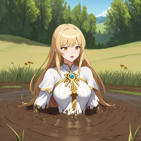 masterpiece, best quality, digital art, deviantart, 1girl, golden hair, large breasts, white dress, gold ornaments, priestess, green grass, hills in the distance, trees, flowers, blue sky, partially submerged, brown mud, mud bog, sticky mud, scared, worried, screaming, close up, upper body shot