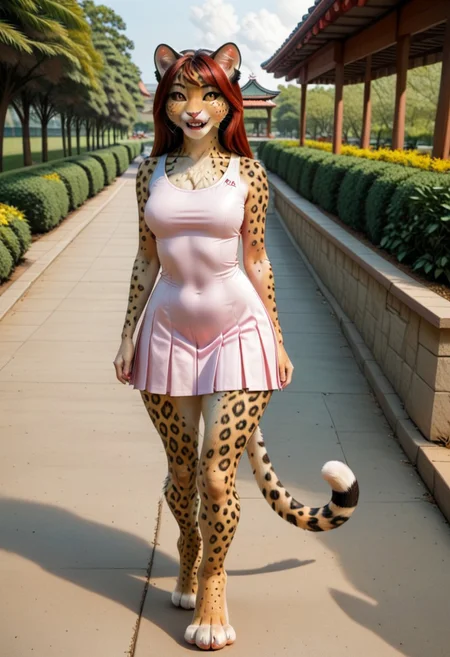 A 35mm photo of a petite beautiful 40 year old redhead, she is an anthropomorphic asian leopard cat, asian leopard cat nose, asian leopard cat teeth, asian leopard cat face, green asian leopard cat eyes, freckles, asian leopard cat fur all over her body, walking in a park, she is surrounded by pretty wildflowers, asian leopard cat tail, petite round hips, soft flat tummy, soft curvy petite thighs, petite c-cup breasts, wearing a pink tennis dress, she is a asian leopard cat, asian leopard cat tail, small pawlike hands, digitigrade asian leopard cat feet, no shoes, brown asian leopard cat fur, tennis dress