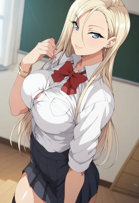 score_9,score_8_up,score_7_up,score_6_up,blurry, blurry background,1girl,kurashikireina,blue eyes,blonde hair,long hair,earrings,gyaru,large breasts,school uniform,shirt,white shirt,skirt,bow,bowtie,red bow,kogal,socks,kneehighs,bracelet,sexy thighs,upper body,volumetric light,standing,posing,friendly,indoors,living room,cowboy shot,dutch angle