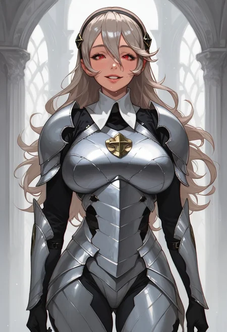 (score_9, score_8_up, score_7_up), 1girl, solo, (Corrin female from fire emblem fates), grey hair, long hair, red eyes, Fantasy, Mature Woman, fit body, massive Natural breasts, very soft breasts, Pale skin, thick ass, wide hips, big round bubble butt, thick thighs, skindentation, big pleading eyes, pursed lips, parted lips, raised eyebrows, high quality, vivid colours, g0thicPXL, lilandavastyle, possmach, detailed Background, sweaty, home, room, (realistic)),, smile, ((huge Natural breasts), athletic, ((silver armor), smile, DefCor,