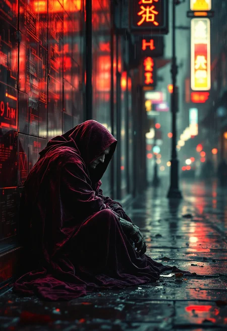 A lone beggar, draped in tattered velvet robes reminiscent of medieval royalty, sits hunched against a gleaming chrome wall pulsating with holographic advertisements for cybernetic enhancements. The street, cobbled and worn smooth by centuries of foot traffic, is littered with discarded data chips and flickering neon signs displaying cryptic glyphs. Rain streaks down the grimy chrome, reflecting the flickering light in a distorted, dystopian cityscape. Focus on the beggar's weary, melancholic expression, juxtaposing their archaic attire with the cold, futuristic environment. Gritty, realistic style, cinematic lighting.