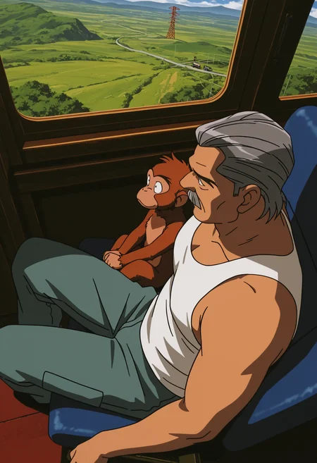 {s:1boy, 1other, (side-by-side:1.5), size difference, from side, from above}, lazypos, retro artstyle, 2000s \(style\), anime screenshot, day,
{s}, monkey, on chair, close-up, from below, (sitting:1.5), full body, on chair, animal, animal focus,
{s}, (upper body), dc02moran, old man, grey hair, hair slicked back, thick mustache, forked eyebrows, <lora:Colonel_Moran_from_Detective_Conan_The_Phantom_of_Baker_Street_v1.0_1788262:1> pectorals, sitting, white tank top, window, leaning back, plump, window, blue sky, cloudy sky, transmission tower, mountainous horizon, bus interior