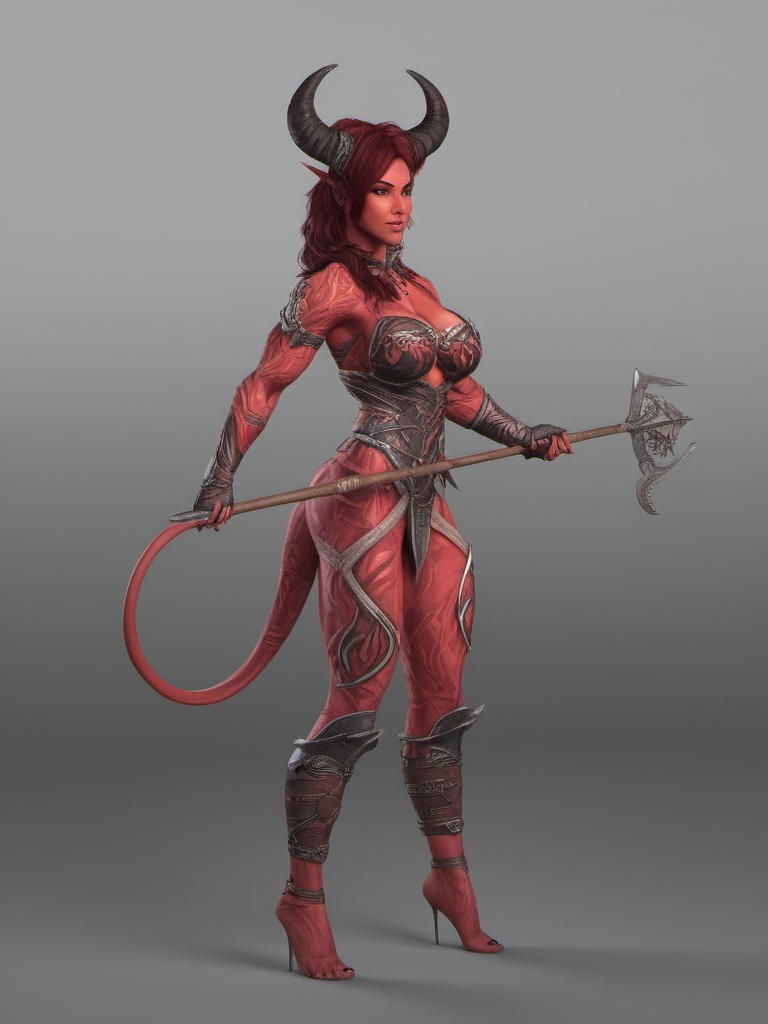 photo, nude ,Karlach , ifbb,  modeling, standing, hold spear, giant red skin , muscular sexy red Tiefling, huge tits, smiling, fiery eyes, white teeth, detailed skin, black hair,  , (Devil_Girl_XL ), huge boobs,   giant, (( red skin )), Red hair highlights, Huge breasts, <lora:Devil_Girl_XL-000004:0.6> red tail.