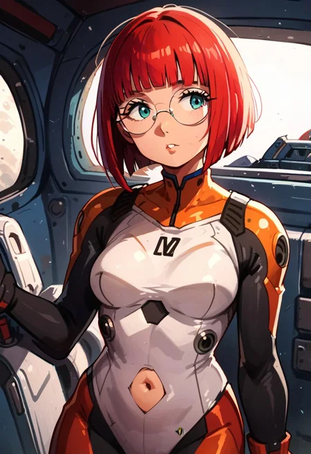 score_9, score_8_up, score_7_up, solo, 1girl,
round eyewear, glasses, parted lips, hip vent, navel_cutout, nylon, bodysuit, spacesuit, raygun, blunt bangs, bob cut,
