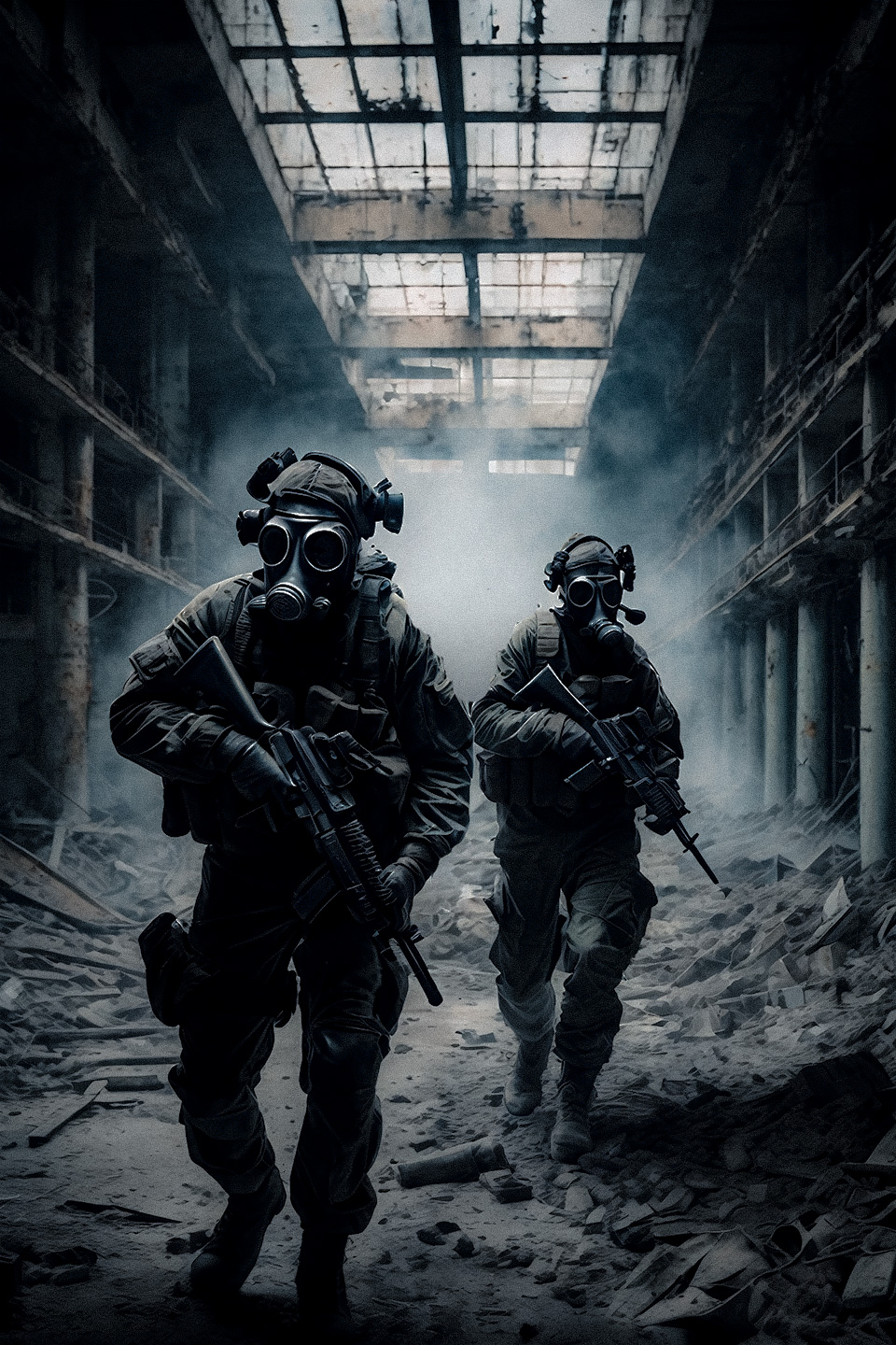 A group of special forces soldiers in gas masks exploring a derelict nuclear power plant, aiming assault rifles, toxic gas, unstable structures, radiation, reactor,
cinematic, realistic, atmospheric, tense, dark, shadows