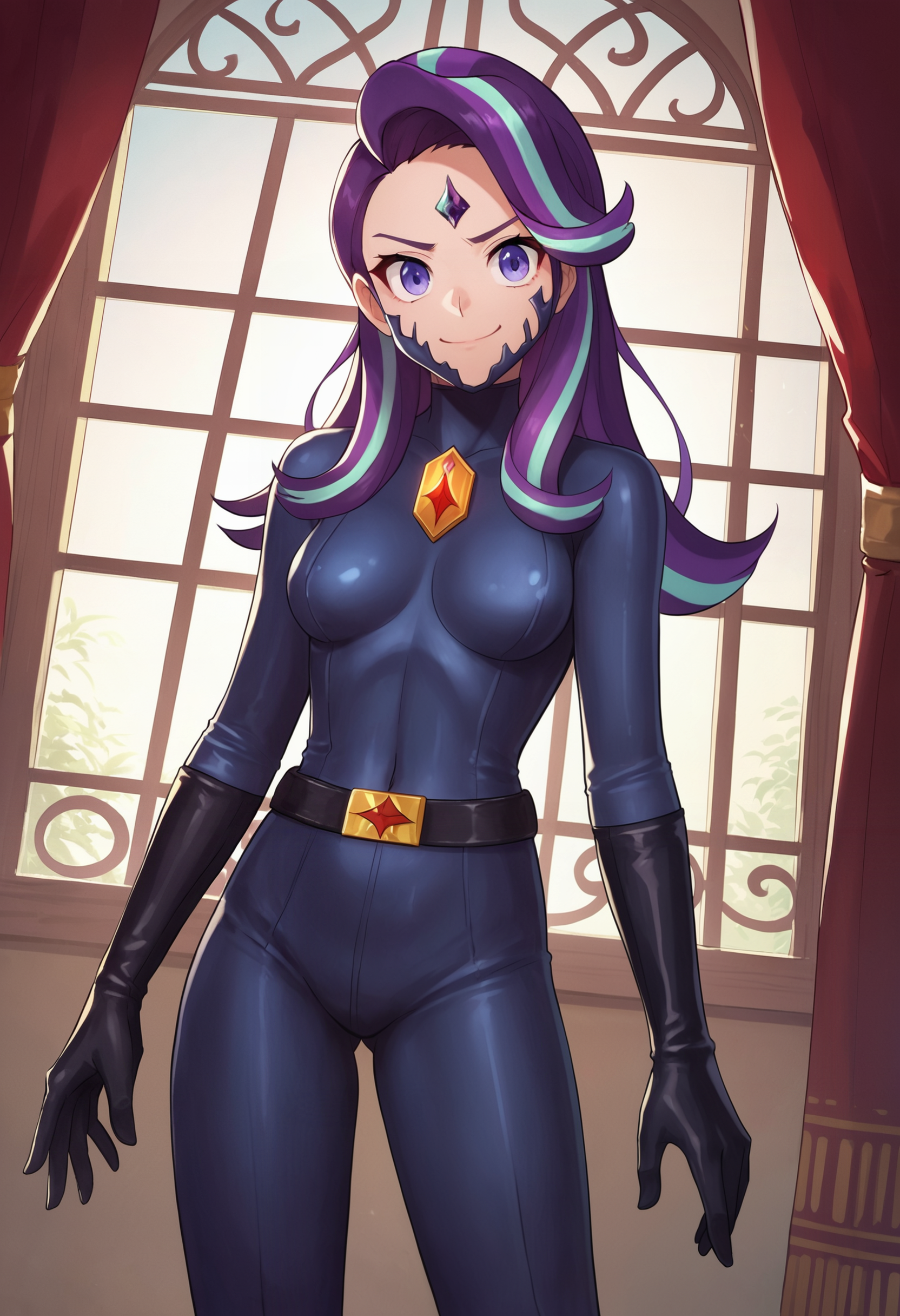 zPDXL, source_anime,
human starlight glimmer,
evil smile, closed mouth,
zofa bodysuit, zofa belt, black gloves, zofa on face, chest jewel, 
standing, cowboy shot,  solo,
indoors,
<lora:zofa-pdxl-006:0.6>