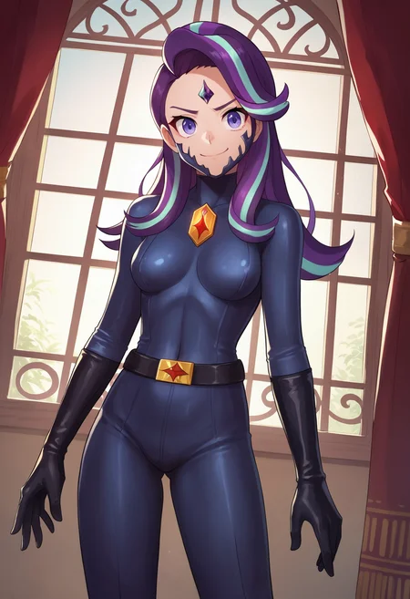 zPDXL, source_anime,
human starlight glimmer,
evil smile, closed mouth,
zofa bodysuit, zofa belt, black gloves, zofa on face, chest jewel,
standing, cowboy shot, solo,
indoors,
<lora:zofa-pdxl-006:0.6>