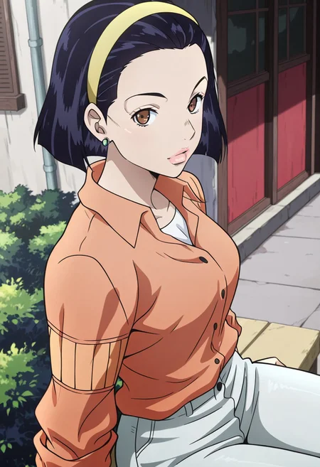 (masterpiece, amazing quality, best quality, anime coloring),very aesthetic, illustration, perfect composition, intricate details, absurdres, incredibly absurdres, sexy,(((1girl,solo,TomokoHigashikata, Short Hair, Black Hair, Yellow Hairband, Brown Eyes, Earrings, Lips, Orange Shirt, Buttoned Shirt, Rolled Sleeves, Light Pants,Original Style,perfect face,detailed eyes,sitting,looking at viewer))),from side,high angle,cowboy show,outdoors