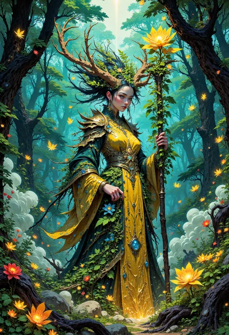 (in Otomo Katsuhiro style:1.2), masterpiece, high-quality, A forest witch with an antlered crown entwined with vines, her dress shifting between layers of moss and blooming flowers, She holds a glowing carved staff that radiates warmth illuminating the ancient fog-laden forest around her, Wisps of glowing spirits hover near drawn to her presence, nature sorcery, glowing spirits, timeless forest, (Stylized art nouveau with intricate botanical designs and soft lighting:1.1), (elaborate fine details:1.1), (hyperdetailed:1.1), (intricate details:1.0), (Refined details:1.1), (best quality:1.1), (high resolution:1.2), <lora:FLUX\VividlySurrealV2:1.0>