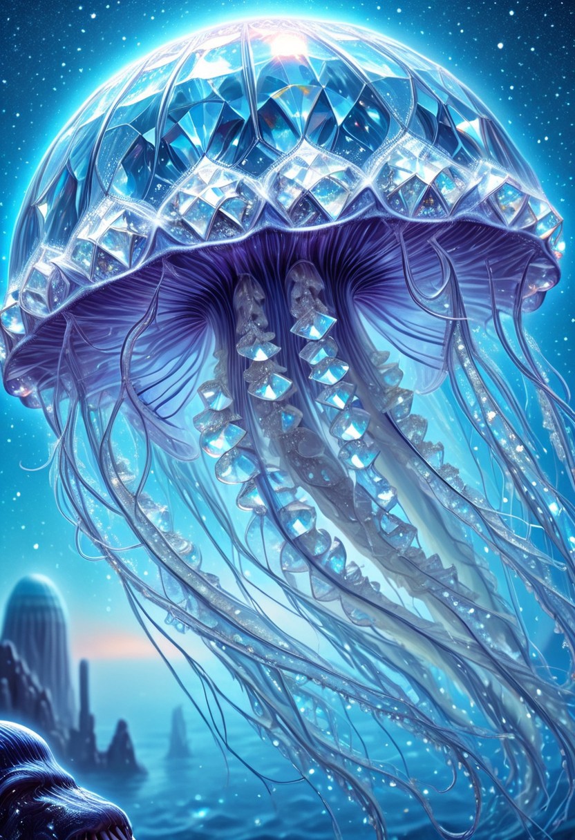 lazympos, celestial jellyfish,gelatinous body refracting starlight,diamond tendrils drifting in cosmic oceans,alien ruins below,ethereal glow,otherworldly realism,diamondMW,countless diamonds
