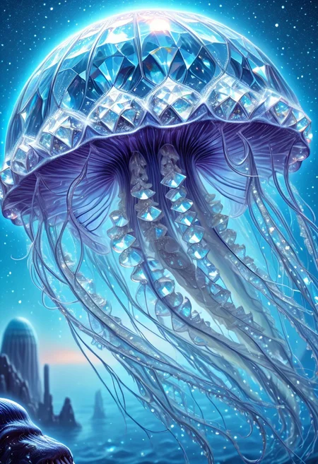 lazympos, celestial jellyfish,gelatinous body refracting starlight,diamond tendrils drifting in cosmic oceans,alien ruins below,ethereal glow,otherworldly realism,diamondMW,countless diamonds