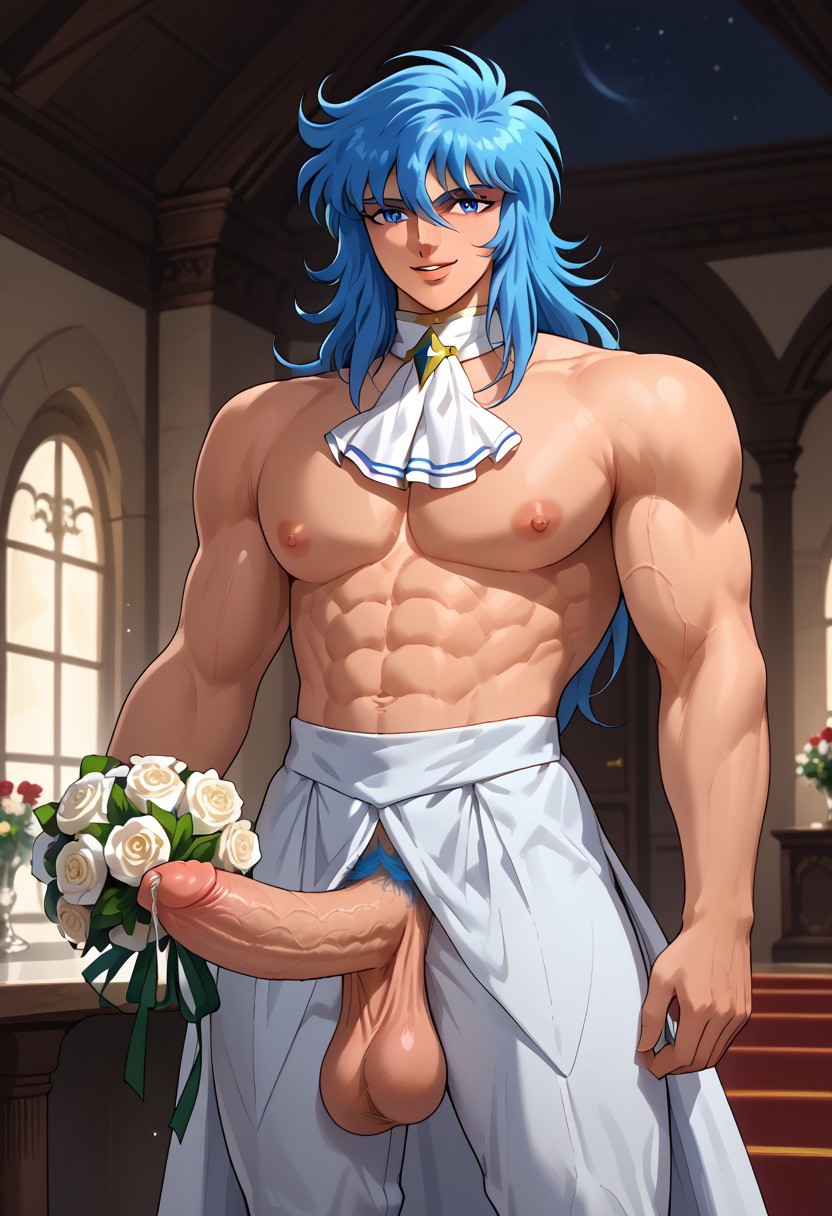 score_9, score_8_up, score_8, score_9, masterpiece, ultra high quality, hd render, male focus, 1boy, twink, young man, solo, JulianSolo, blue hair, very long wavy hair, blue eyes, bangs, hair between eyes, light skin, young man, parted lips, sexy smile, hair between eyes, topless male, big round pecs, pectoral, nipples, abs, ascot, flowers, holding bouquet, rose bouquet, wedding, wedding proposal,
pubic hair, v-line, unbutonned pants, sagging pants, exposed penis, massive thick penis, flaccid, precum dripping, large saggy balls, sagging balls, hips visible above pants, sexy, very low waistline, 
handsome boy, narrow features, standing, dynamic pose, dynamic shot, looking at viewer, formal party scenery, luxury party, sophisticated and royal atmosphere, royal party, gala ball, indoors, night,  hd render, high quality, retro artstyle, 1990s_(style), 1980s_(style),