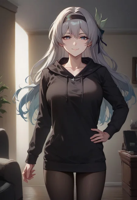 score_9, score_8_up, score_7_up, source anime, anime screencap, masterpiece, expressive eyes, perfect face, cinematic lighting, volumetric lighting, bloom, post processing, warm light, soft light, detailed background, detailed face, extremely detailed face, beautiful face, 1girl, Firefly_Honkai, long hair, grey hair, hairband, mature female, slim,  medium breasts,   contrapposto, hand on own hip,, living room, , black hoodie, black pantyhose,,smug, smug expression, closed mouth,  looking at viewer,cowboy shot,