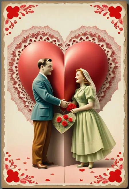 masterpiece, best quality, very aesthetic, absurdres, ultra-HD, cinematic lighting, volumetric lighting, raytracing, perfect Old postcard, 1944, vintage love postcard from the front, fractal dimension, for Valentine's Day, a loving couple. worn corners, worn edges, a little creased,