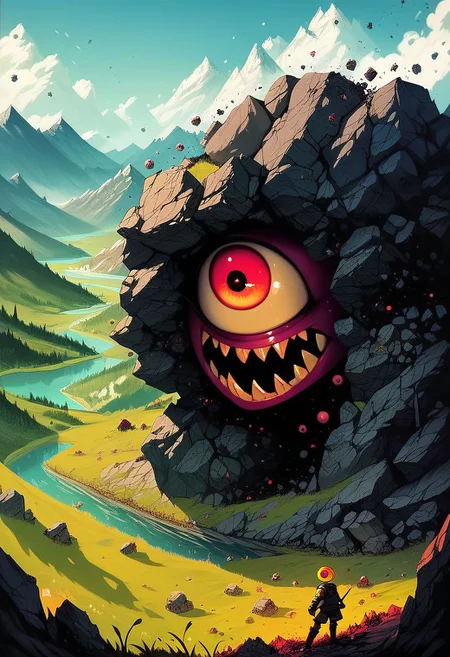 core_9, score_8_up, score_7_up, ultra detailed, Excellent quality, high resolution, creature, cyclops, destruction, elemental (creature), giant, giant monster, golem, grass, lake, monster, mountain, one-eyed, open mouth,outdoors, rock, water 200k