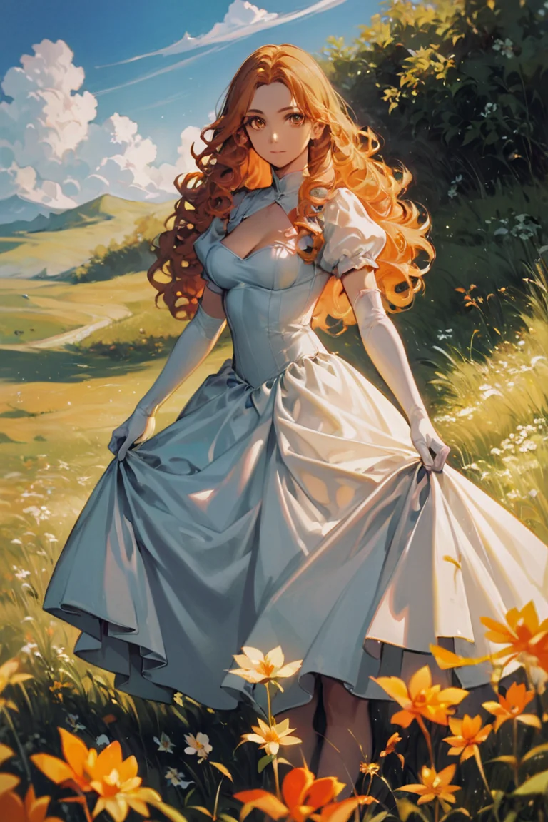 score_9, score_8_up, score_7_up, rating_safe, 1girl, solo, long hair, curly hair, wavy hair, orange hair, orange eyes, looking at viewer, breasts, dress, white dress, puffy sleeves, puffy short sleeves, short sleeves, gloves, elbow gloves, white gloves, cowboy shot, closed mouth, standing, outdoors, field, flower, grass, plant, sky <lora:Anime Summer Days 2 Style SDXL_LoRA_Pony Diffusion V6 XL:0.8>