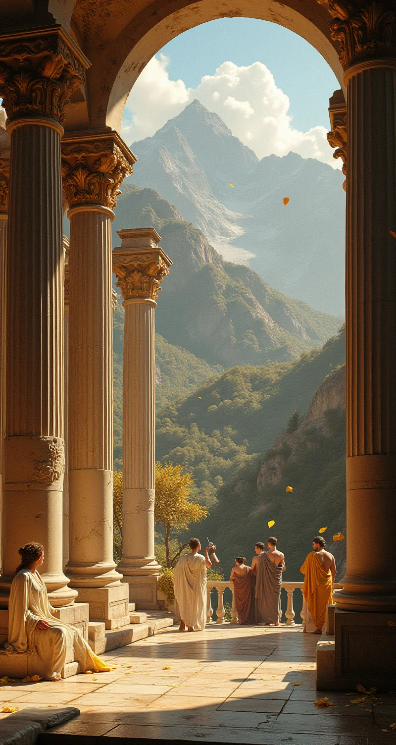 ancientstyle, at the top of Mount Olympus, gods and goddess bathe in the springs near the bar where ambrosia and alcoholic nectar fills the glasses of all in attendance, gold seeds and leaves scatter the wind, immaculate structures, pillars, Roman style
