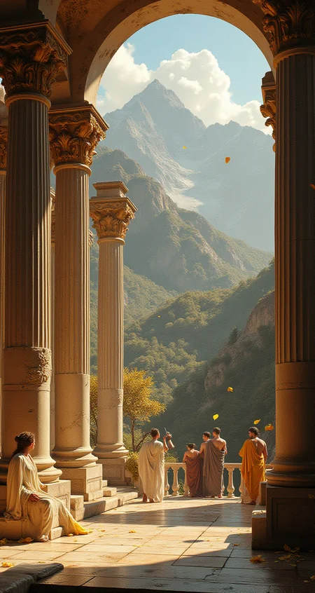 ancientstyle, at the top of Mount Olympus, gods and goddess bathe in the springs near the bar where ambrosia and alcoholic nectar fills the glasses of all in attendance, gold seeds and leaves scatter the wind, immaculate structures, pillars, Roman style