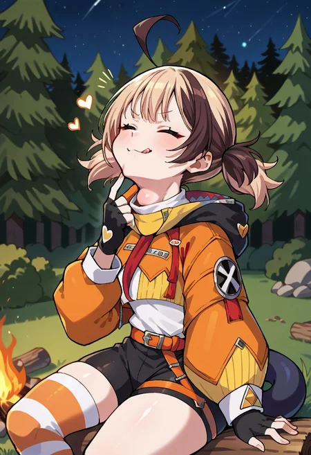 score_9, score_8_up, source_anime, 1girl, solo, GigiMurin, multicolored hair, short twintails, ahoge, orange jacket, cropped jacket, white shirt, black fingerless gloves, orange belt, black shorts, single thighhigh, striped thighhigh, tail, outdoors, campfire, tracing neck bulge, finger on neck, eyes down, (mouth closed), heart, licking lips, :q, proud, smug, (throat bulge:1.6), vore, (swallowing, gulp, squirming bulge), starry night sky, camping, forest background, blurred background, sitting on log,