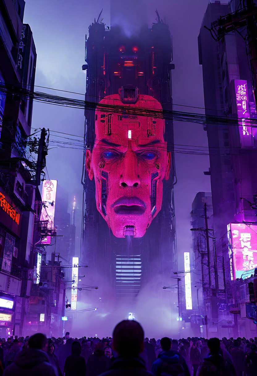 A monumental cyberpunk scene featuring a colossal mechanical face emerging from a dystopian cityscape. The face incorporates a bright red LED display panel in its upper portion, with intricate mechanical details and cybernetic components throughout its surface. The structure towers over a crowd of observers at street level, while power lines crisscross overhead. The background reveals a foggy urban environment with towering skyscrapers. In the streets, dozens of pedestrians stand and point upward at the towering face structure. Neon signs illuminate the surrounding buildings with blue and purple hues, casting reflections on the wet pavement below. Steam rises from vents along the mechanical face's surface, mixing with the ambient fog. Wide-angle architectural photography with dramatic low-angle perspective and deep depth of field shows urban structures against night sky.