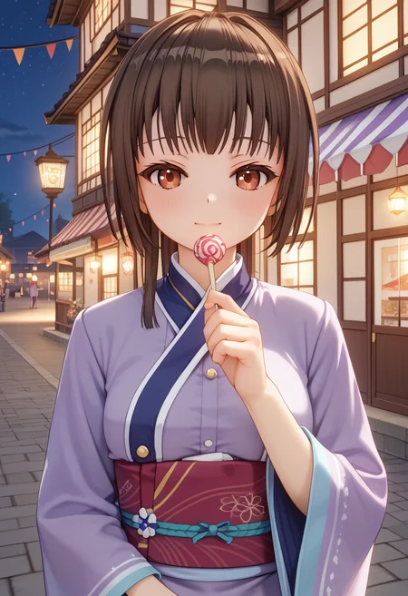 score_9, score_8_up, score_7_up, BREAK source_anime, (masterpiece), (best quality), 1girl, chihara_yukine, purple colored kimono, red colored eyes, brown colored hair, holding candy, looking at viewer, blush, closed mouth, (ultra detailed), happy mood, night market, nighttime, upper body only, <lora:chihara-local:0.9>