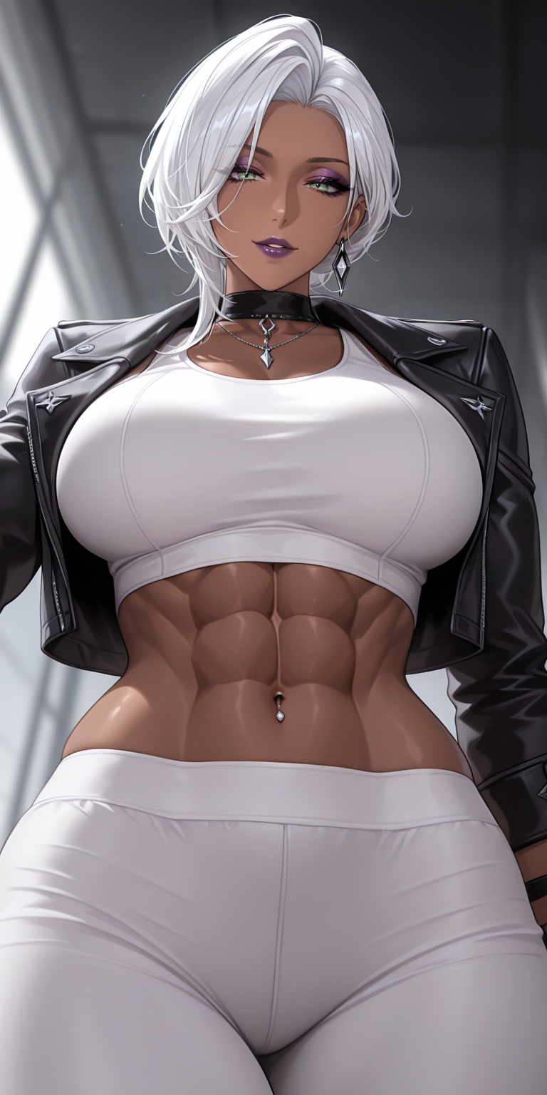 1girl, solo,pixie_haircut,white_hair, looking at viewer, midriff, abs, muscular_body, (muscular:1.0),toned_abs,(bodybuilder:0.5),black crop_top,black cropped_jacket,dark skin,dark_skinned_female,gym_pants,, muscular_thighs,makeup,pixie_cut,best, quality,masterpiece,amazing quality,very aesthetic,high resolution,ultra-detailed,,depth of field,volumetric lighting ,highly detailed,best quality,8k,best quality, very aesthetic, ultra-detailed, newest,BREAK, depth of field, masterpiece, amazing quality, high resolution, absurdres, newest, red eyessmirk,best,quality,masterpiece,amazing quality,very aesthetic,high resolution,ultra-detailed,,depth of field,volumetric lighting ,highly detailed,best quality,8k,best quality, very aesthetic, ultra-detailed, newest,BREAK, depth of field, masterpiece, amazing quality, high resolution, absurdres, newest, path to nowhere,Baddie, game cgi, viewed_from_below, (muscular_body:1.0) , (tall_female:1.0) ,( solo:1.0) , looking_at_viewer, mature_female, breasts,wide_hip, wide_waist, very dark skinned, very dark skin
