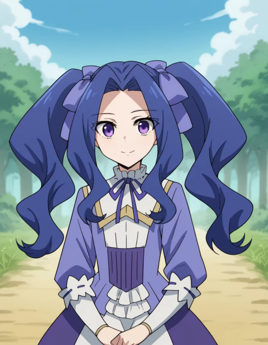 score_9, score_8_up, score_7_up, source_anime, <lora:melty-q-melromarc-s1-ponyxl-lora-nochekaiser:1>, melty q melromarc, long hair, ribbon, twintails, blue hair, purple eyes, hair ribbon, purple ribbon, parted bangs,, long sleeves, dress, frills, ribbon trim, purple dress,, Outdoors, nature, scenery, open space, sunlight, smile, smile, looking at viewer, solo,, dutch angle, cowboy shot