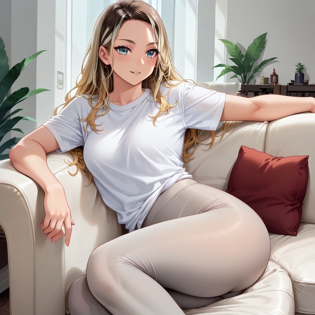 score_9,score_8_up,score_7_up,score_6_up,source_anime, Expressiveh, studio lighting, anime screencap, 2d, FWF5, front view, couch, living room, lounging
Maddie, hour glass figure, multicolored hair, blonde hair, leggings, grey leggings, t-shirt, raised hip, sitting, lounging, leaning against arm of couch, hip raised, bubble butt, ass cheek, hip thrust sideways, curled up on couch, knees to chest