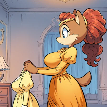 (masterpiece), (best quality), (ultra-detailed), amazing quality, very aesthetic, illustration, perfect composition, intricate details, absurdres, incredibly absurdres, <lora:alicia_acorn_illustrious:1>, aliciaacorn, 1girl, solo, breasts, brown hair, long sleeves, dress, indoors, bedroom, animal ears, standing, tail, ponytail, puffy sleeves, from side, looking down, tiara, large breasts, juliet sleeves, furry, holding clothes, yellow dress, animal nose, orange dress, princess, body fur, brown fur, two tone fur, red hair, blue eyes, furry female