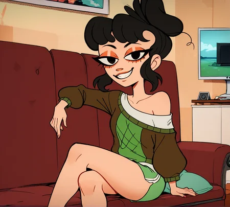 Miss Bivvins, black hair, zPDXL, best quality, amazing quality, score 9, couch, off shoulder, TV glow, seductive smile, looking at viewer, <lora:Miss_Bivvins:1>