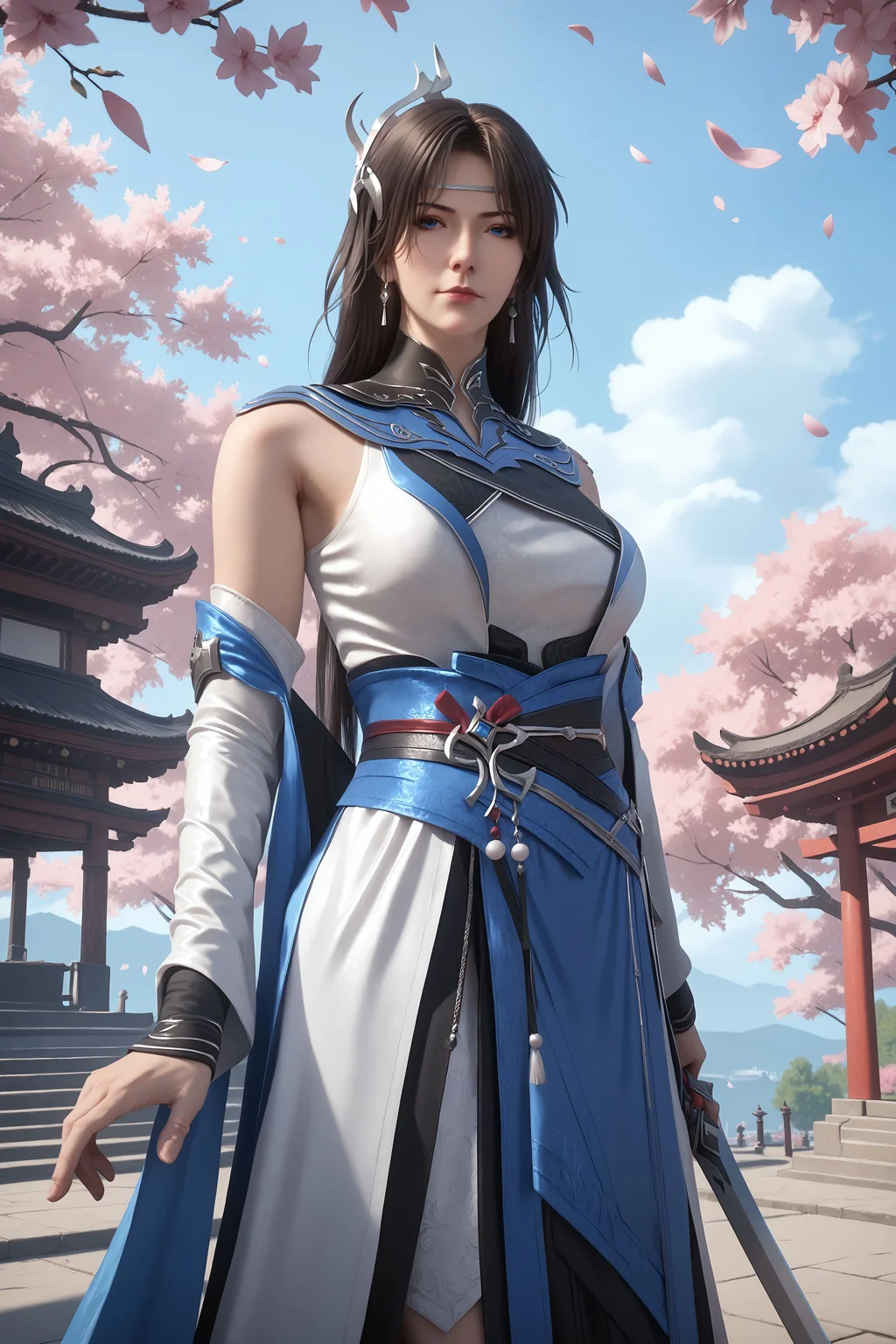 score_9, score_8_up, score_8, source_real,real skin, rating_explicit, mature female, ExpresiveH, best quality, unreal engine,game,cg, very aesthetic, CG, masterpiece, ultra high res, highres, More Details, high rating,Intricate and refined delicate details, looking at viewer,
<lora:age_slider_v4:4>,
<lora:peiyun:1>, 1girl, solo, black hair, blue eyes, jewelry, long hair, detached sleeves, earrings, realistic, dress, hair ornament, closed mouth, blue sky, sky, outdoors, east asian architecture, Cherry blossom, tree, holding weapon, sword, arms behind back,