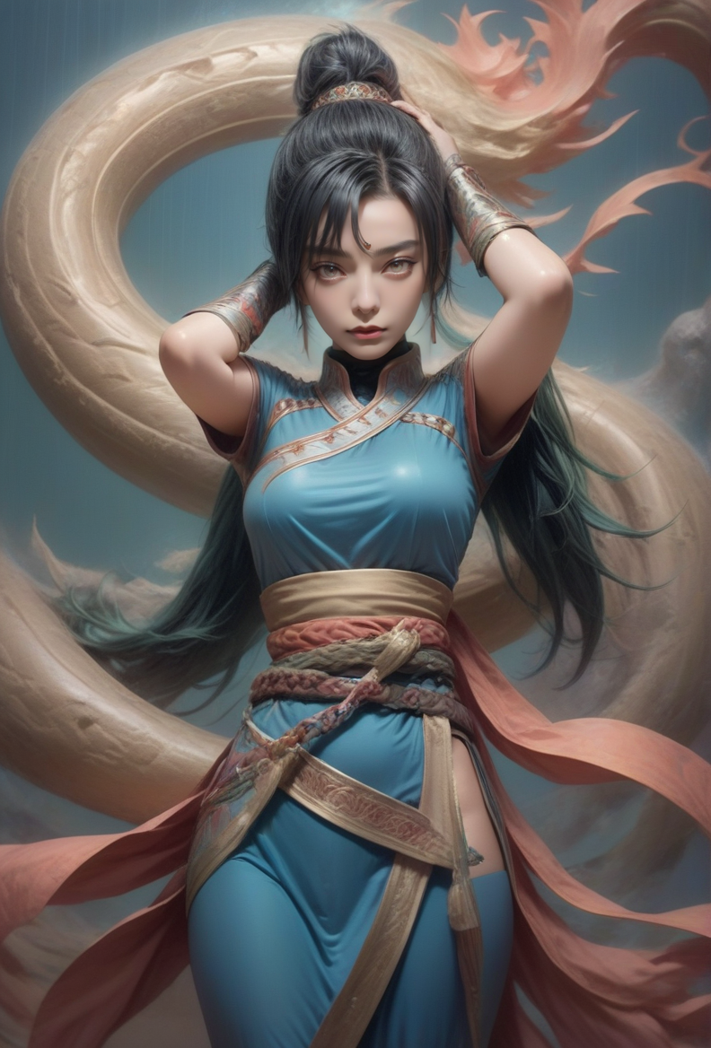 Psychedelic style <lora:fightdress_SDXL_reg_:1>,1girl,25yo,fighting,the background is a huge buddha statue and pagoda,cannot fail,black hair,hair bun,<lora:fbb_XL_2_:1>,blush,sweat,Tsundere,in pouring rain, . Vibrant colors, swirling patterns, abstract forms, surreal, trippy