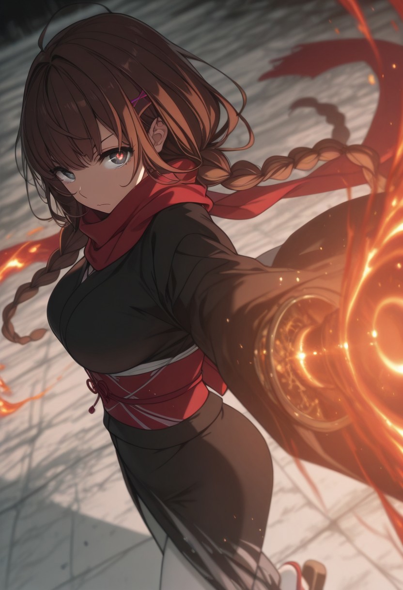 safe_pos, incredibly absurdres, highres, masterpiece, newest, best quality, high quality, 8K, HDR, 4ur4_illu, shiny, eye_focus, OregairuStyle

(Girl:0.0), 1girl, solo, cute, attractive, brown hair, long hair, worn in two braids, bangs, pink hairclips, grey eyes, ultra-detailed anime eyes, swirling flames inside irises, celestial reflections, galaxy-like pupils, round eyes, breasts, Meguri Shiromeguri
 \(Oregairu\), kimono, large breasts, black kimono, long sleeves, wide sleeves, obi, sash, long white leggings, sandals, red scarf, 

(Pose:0.0), ((looking at viewer)), aiming sword at viewer,

(Emotion:0.0) serious, closed mouth,

(Scene:0.0), from side, cowboy shot, limited palette, dynamic action, blurry, depth of field, dynamic pose, dynamic composition, dutch angle, depth of field, white_theme, detailed backgroud, foreshortening, blurry edges,
