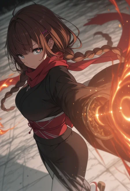safe_pos, incredibly absurdres, highres, masterpiece, newest, best quality, high quality, 8K, HDR, 4ur4_illu, shiny, eye_focus, OregairuStyle

(Girl:0.0), 1girl, solo, cute, attractive, brown hair, long hair, worn in two braids, bangs, pink hairclips, grey eyes, ultra-detailed anime eyes, swirling flames inside irises, celestial reflections, galaxy-like pupils, round eyes, breasts, Meguri Shiromeguri
 \(Oregairu\), kimono, large breasts, black kimono, long sleeves, wide sleeves, obi, sash, long white leggings, sandals, red scarf, 

(Pose:0.0), ((looking at viewer)), aiming sword at viewer,

(Emotion:0.0) serious, closed mouth,

(Scene:0.0), from side, cowboy shot, limited palette, dynamic action, blurry, depth of field, dynamic pose, dynamic composition, dutch angle, depth of field, white_theme, detailed backgroud, foreshortening, blurry edges,