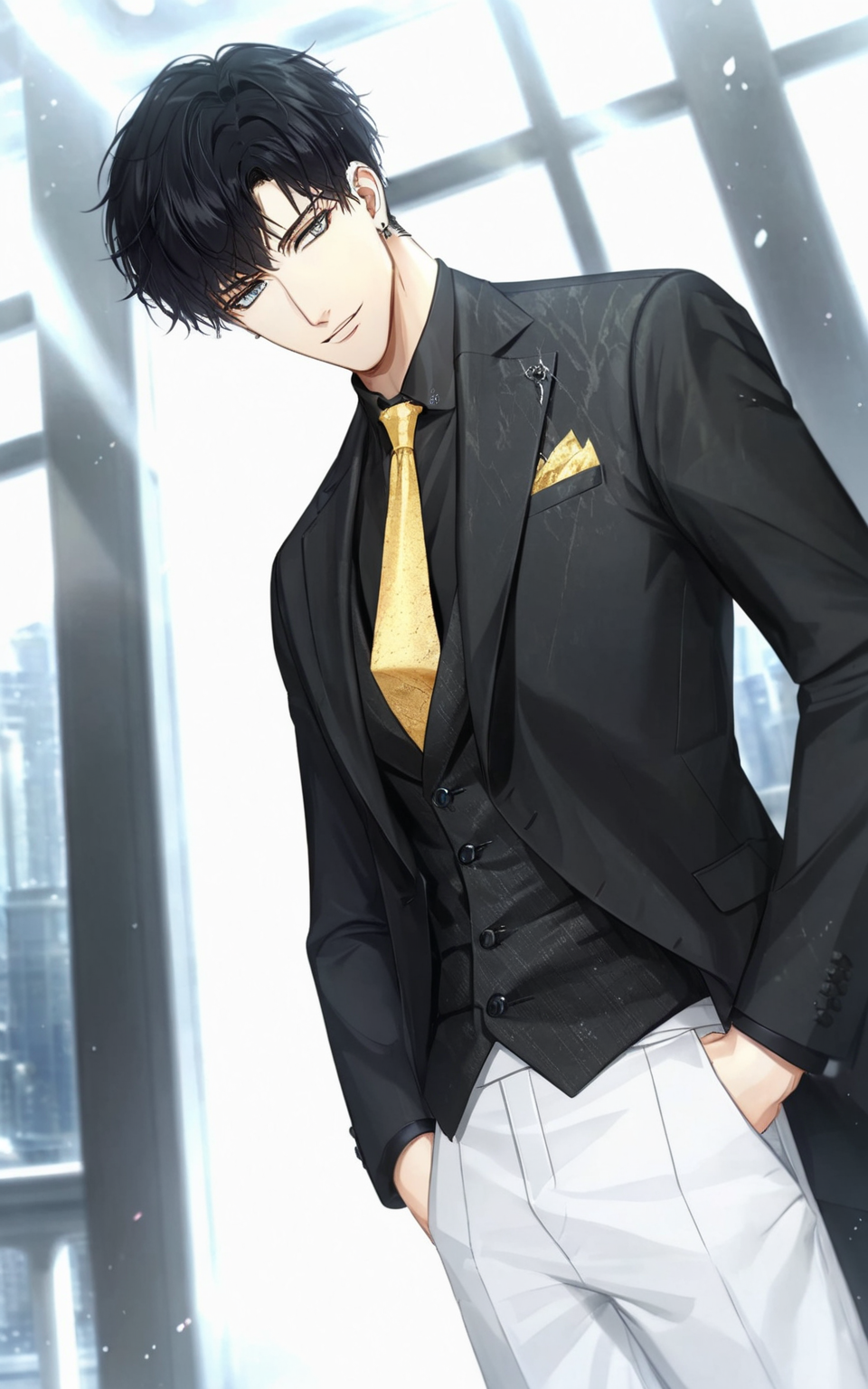 8k, best quality, masterpiece, (ultra-detailed), 
smile, (standing, medium shot, looking at viewer, white background, clean background:1.5), (pseudo-impasto:0.7), (by ask:0.5), (by rella:0.3), (by mochizukikei:0.3), high resolution, intricate details, solo, close up shot, 
<lora:xiaoyi-neta-Tanger-000014:0.8>, 1boy, xiaoyi, male focus, short hair, balck hair, 
necktie, yellow necktie, formal, black shirt, pants, shirt, suit, white pants, jacket, vest, earrings,