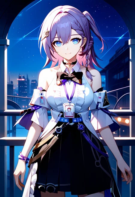 score_9,score_8_up,score_7_up,source_anime,ASTA_(HONKAI_STAR_RAIL),1girl,solo,long hair,breasts,looking at viewer,smile,blue eyes,shirt,skirt,hair ornament,bow,closed mouth,jewelry,bare shoulders,standing,white shirt,braid,purple hair,frills,detached sleeves,sleeveless,choker,medium hair,belt,bowtie,black skirt,bracelet,sleeveless shirt,black bow,one side up,black bowtie,center frills,id card,