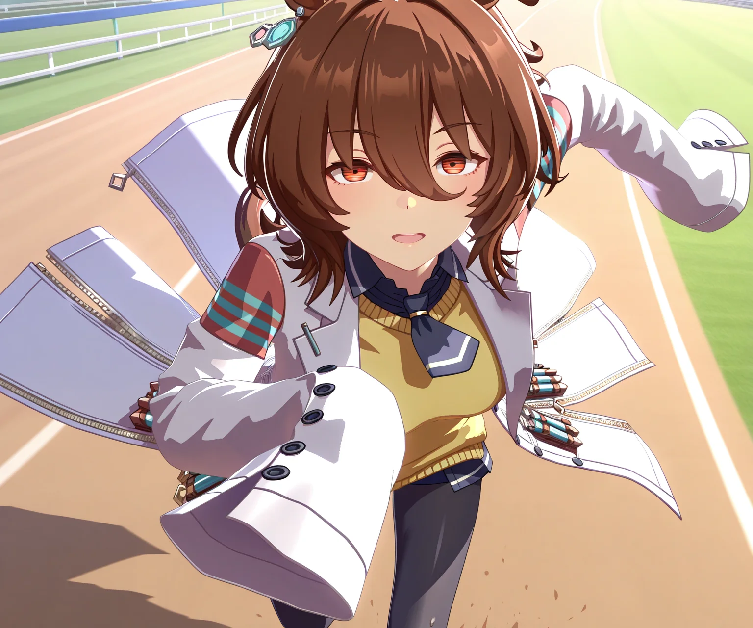 masterpiece, best quality, amazing quality, , 1girl, solo, trecen racetrack, running, <lora:Agnes Tachyon in game 3D style ILL-v2:1> ummsmingame, 3d, agnes tachyon \(umamusume\), sleeves past fingers