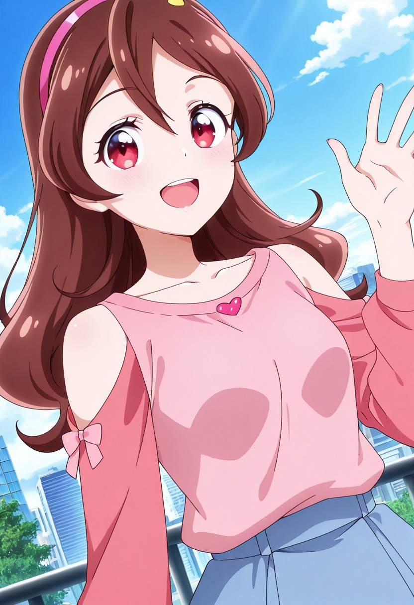 general,highres, ultra-detailed,very aesthetic,best quality ,best hands,best eyes,easynegative,
dynamic anglre, dutch angle, anime cloring,anime screencap,
1girl solo,looking at viewer,smile,city,open mouth, waving hand, 
Uta Sakura,brown_hair, long_hair, wavy hair, red eyes, small breasts, hairband,bare shoulders,shirt,skirt,