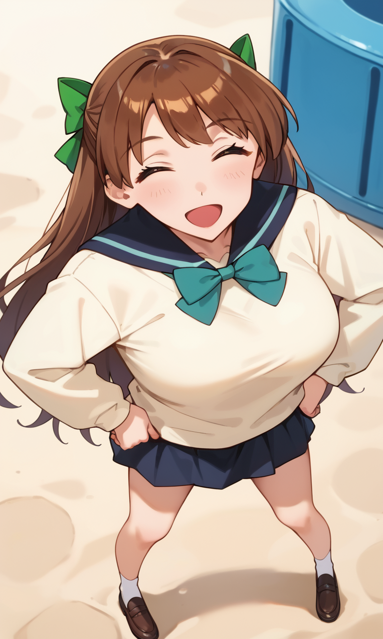 (1girl:1.5), (solo:1.3), (score_9, score_8_up, score_7_up, score_6_up, score_5_up, score_4_up), (source_anime), rating_questionable, looking at viewer, (full body:1.3), outdoors, blue sky, playground, school,
 (yellow sweater, oversized clothes, long sleeves, blue sailor collar, green bowtie, blue skirt, pleated skirt, miniskirt), (large breasts), <lora:mari-friend-rika_v1:0.9> (mari-friend-rika), (black eyes, brown hair, long hair, bangs, big hair bow), (smile, happy, open mouth, wide mouth),(closed eyes:1.5), 
 hands on own hips, standing, (legs apart),  from above, (looking up:1.3)