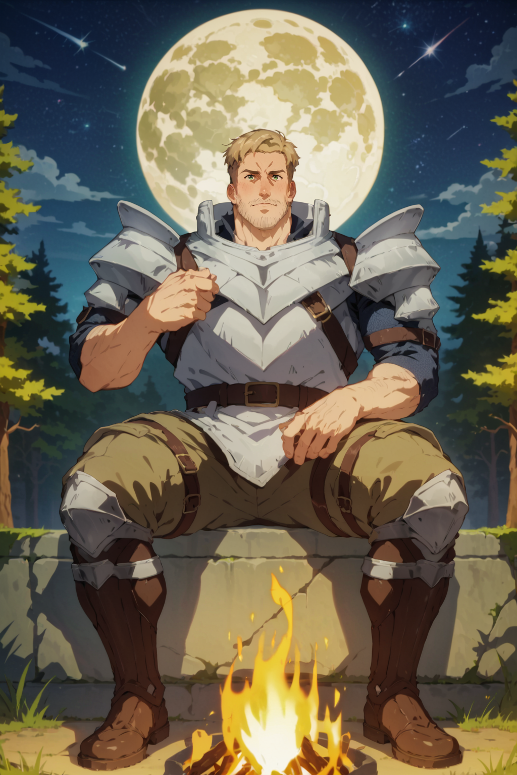 score_9,score_7_up,score_6_up,score_5_up,score_4_up, 1boy, solo, bara, muscular male, beard, blonde hair, green eyes, ear blush, nose blush, outdoors, forest landscape, moonlight, full moon, shooting star across the sky, narrow waist, light smile, sitting, look up at the night sky, from below, side view, full body, belt, armor, perfect anatomy, perfect proportions, best quality, masterpiece, high_resolution, high quality, best aesthetic, incredibly absurdres, highres, extremely detailed, huge filesize, source_anime \(campfire cooking in another world with my absurd skill\), sharp shadows, direct lighting, vibrant colors, glow effect, bloom, edge color fringing, chromatic aberration,  <lora:Werner_-_Campfire_Cooking_in_Another_World_with_My_Absurd_Skill-000009:1>, Werner from anime \(Campfire cooking in another world with my absurd skill\),  <lora:add-detail-xl:1>,  <lora:Anime Summer Days 2 Style SDXL_LoRA_Pony Diffusion V6 XL:0.8>,