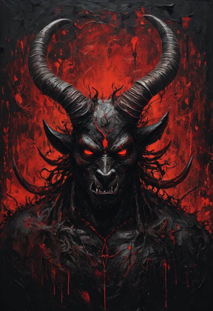 Abstract representation figure portraying a Devilish entity with big horns, big red eyes, black skin with high detail looking straight at the camera, the background is abstract and messy and the entity is really vivid and is staring right at you, every part of the image has high detail and the illumination is really bad. High use of the colors black and red in different tones. There are hidden messages in the image. Ugly, Gloomy, Weird, Abstract, Moody.