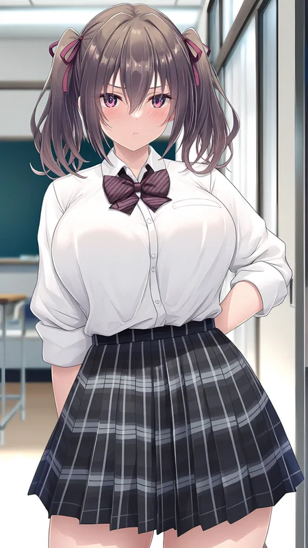 parametersamazing quality,absurdres,best quality,masterpiece,highres,newest,detailed,detailed body,detailed face,masterpiece,best quality,solo,
souonn,1girl,skirt,shirt,twintails,solo,brown hair,school uniform,breasts,white shirt,pleated skirt,ribbon,collared shirt,hair ribbon,bow,hair between eyes,long sleeves,<lora:suonn:0.8>,