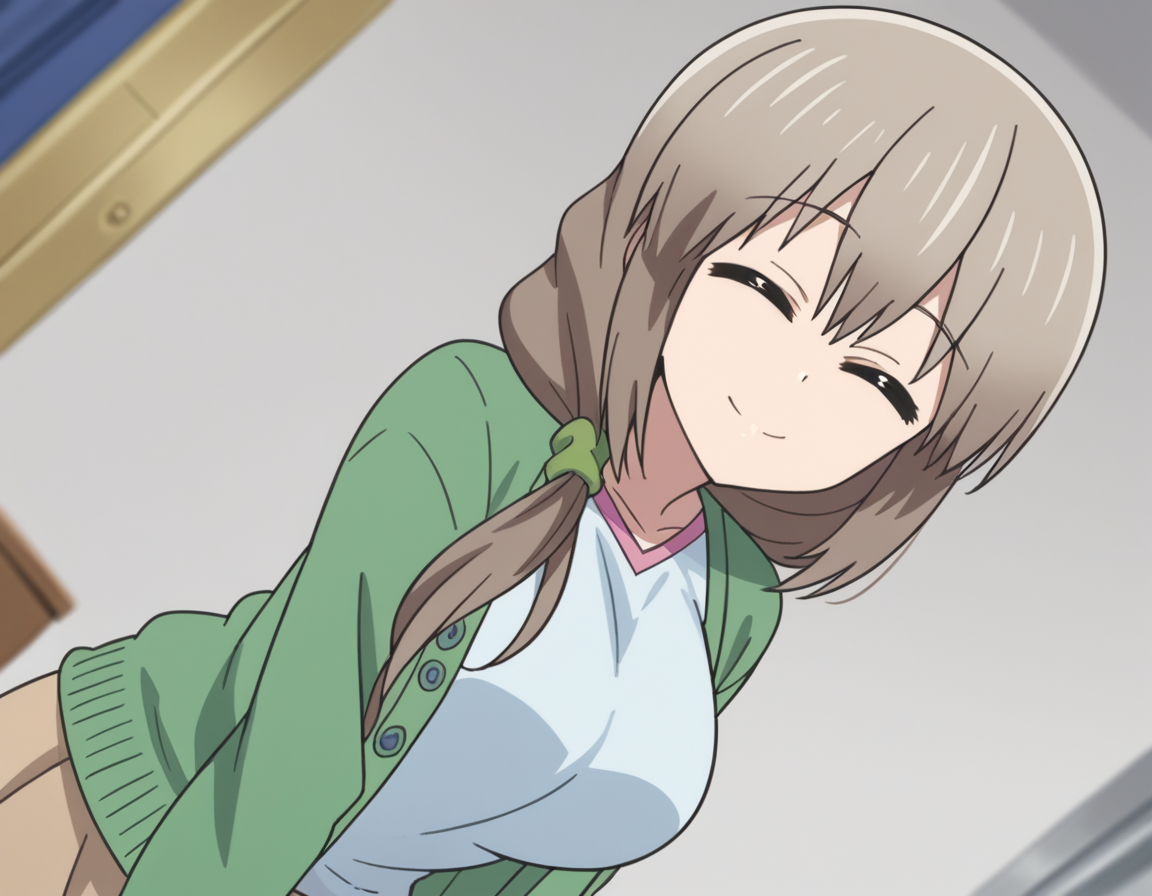 score_9, score_8_up, score_7_up, source_anime,
tsukiuzaki, <lora:tsuki-uzaki-s2-ponyxl-lora-nochekaiser:1>,
tsuki uzaki, long hair, closed eyes, grey hair, large breasts, hair over shoulder, scrunchie, hair scrunchie,
skirt, shirt, white shirt, cardigan, open cardigan, green cardigan, blue shirt, brown skirt,
indoors, bent over, smile,
looking at viewer, cowboy shot, solo, dutch angle,